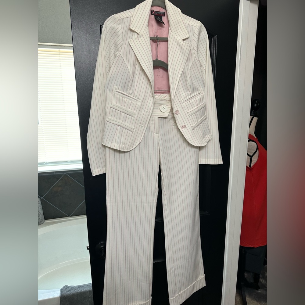 Hotkiss Brand Cream pantsuit with pink & green pinstripes